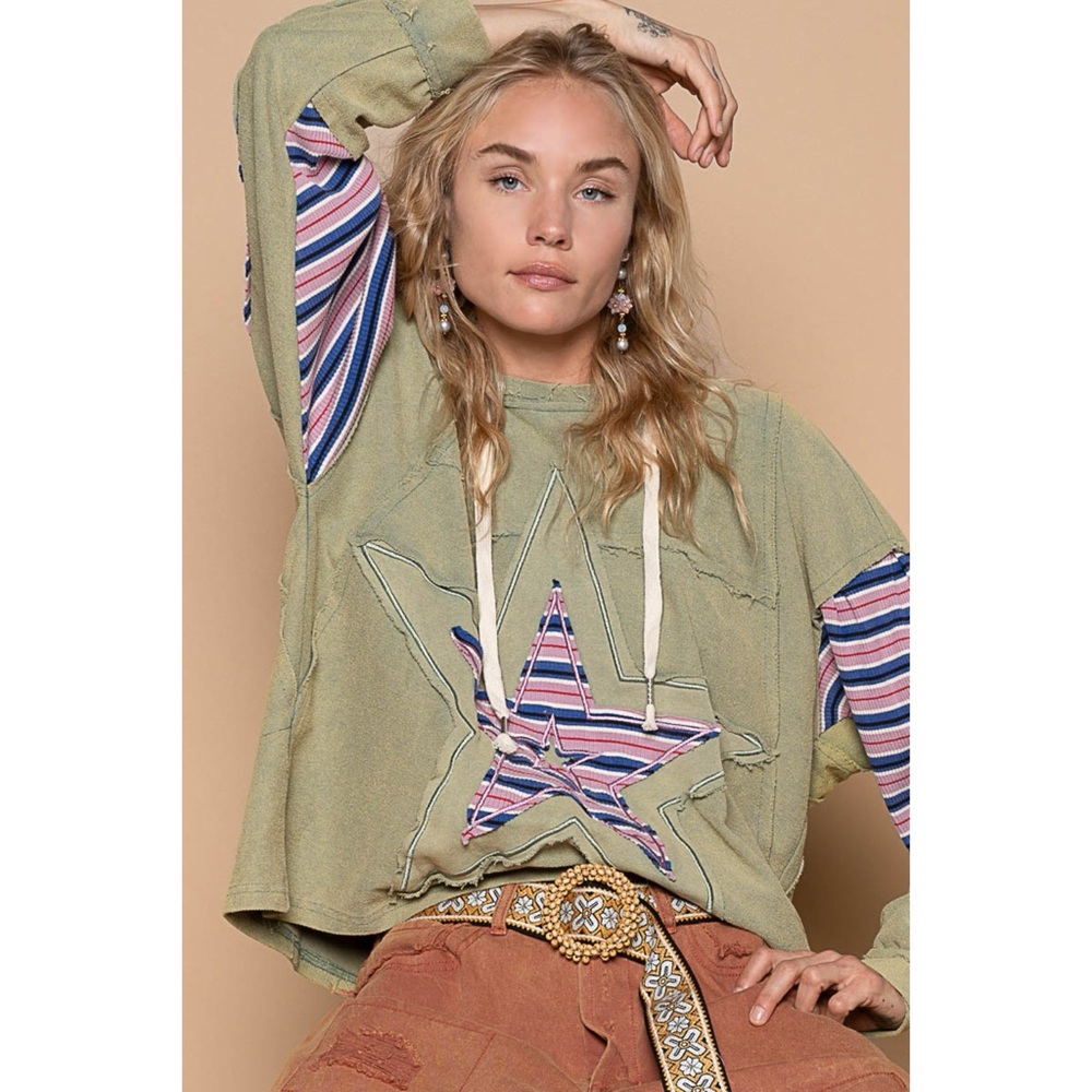 POL Star Patch Oversized Hoodie in Olive Mineral Wash - Picture 5 of 5